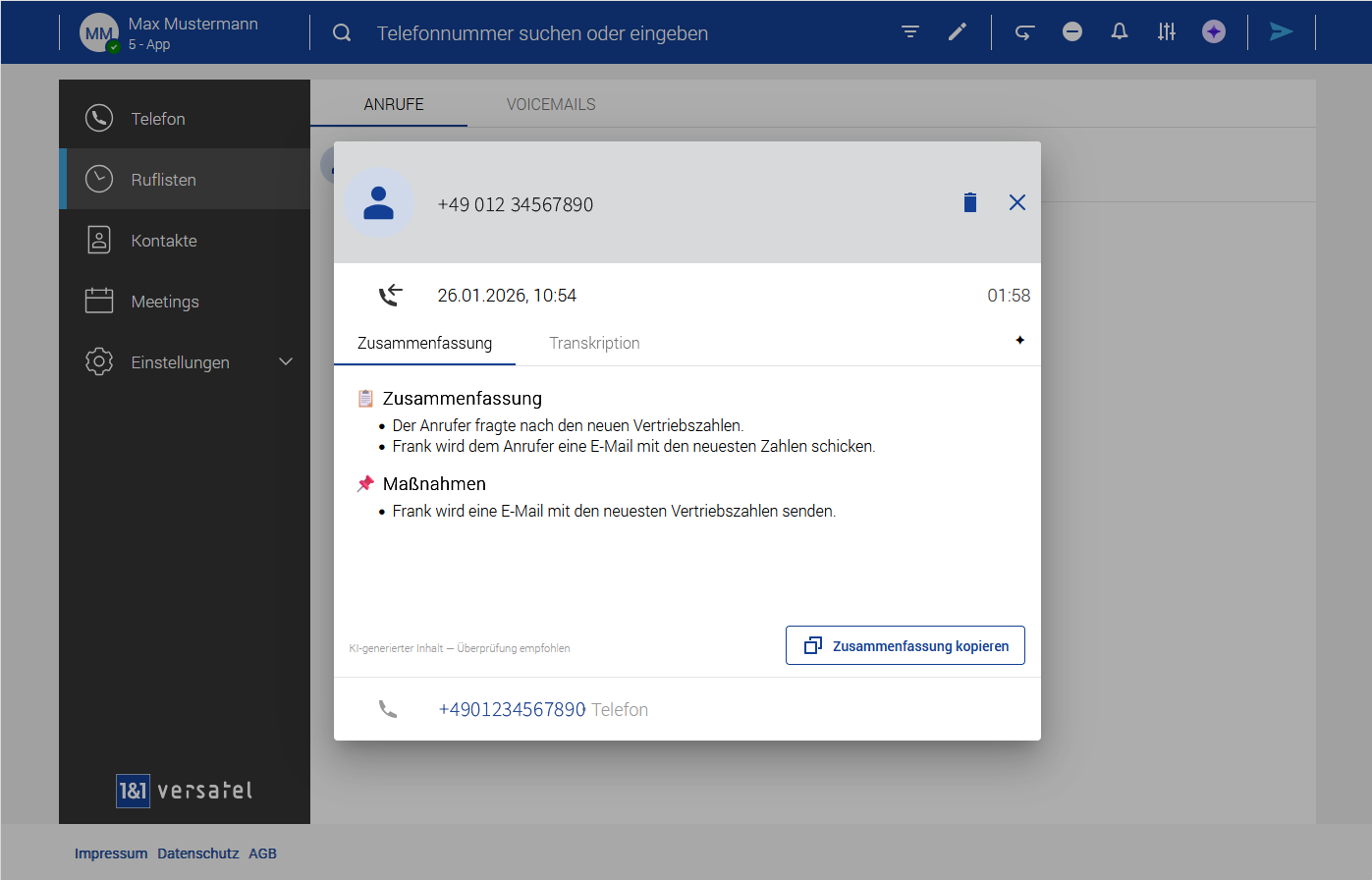 1&1 Versatel | Business Phone KI-Assistent
