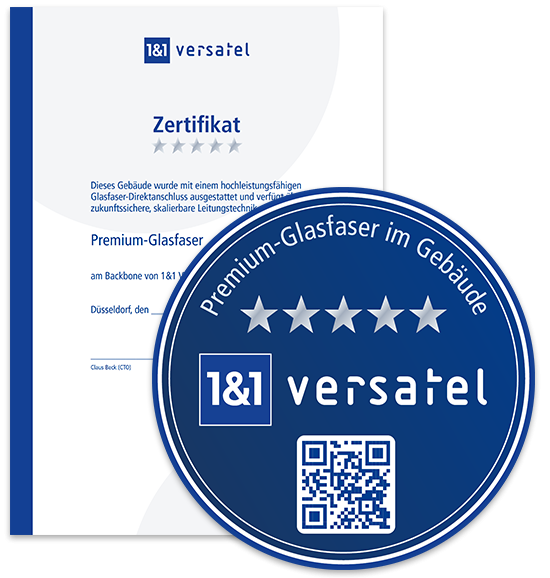 1&1 Versatel Glasfaser-Zertifikat und Aufkleber mit QR-Code
